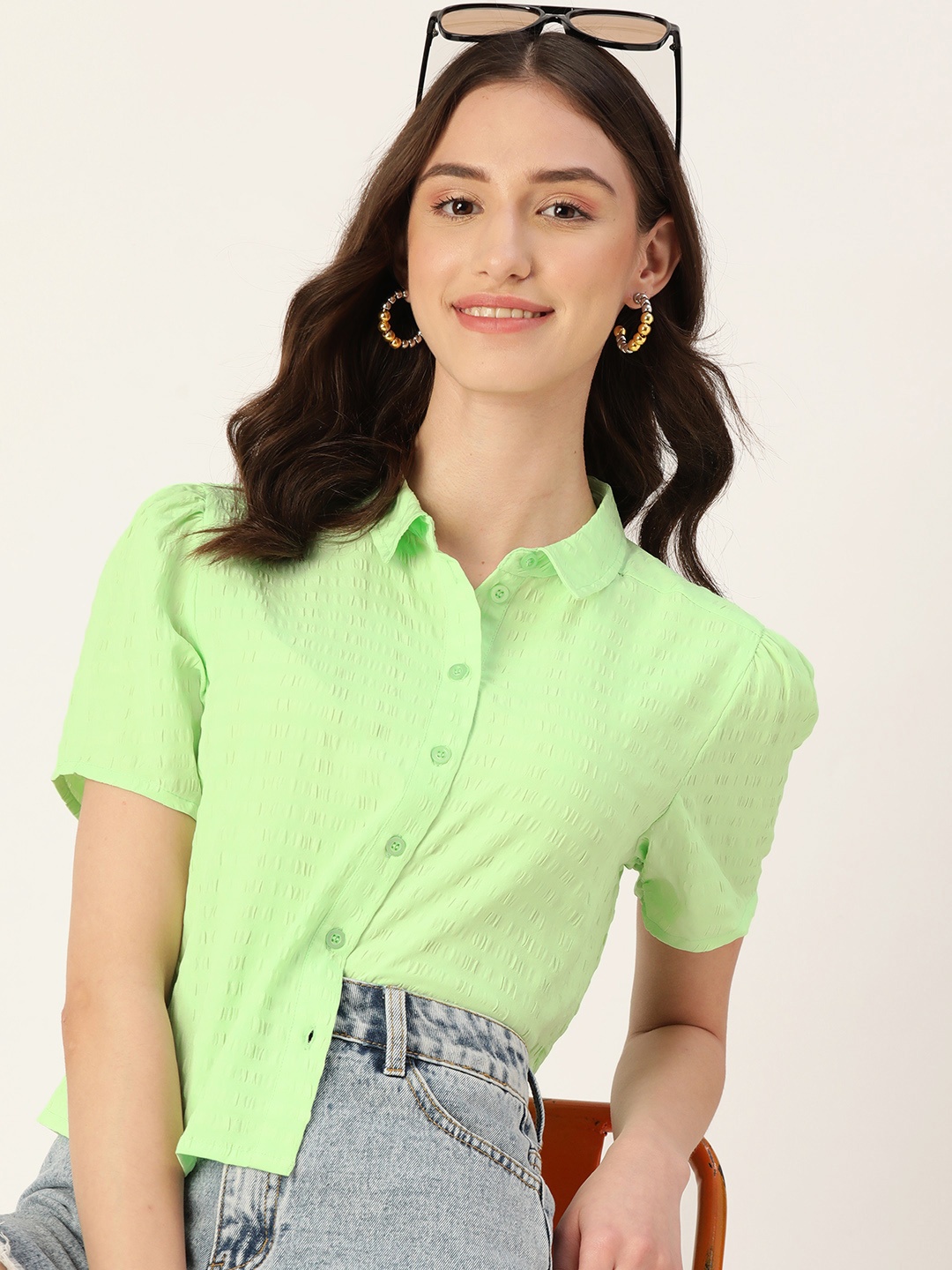 

DressBerry Women Seersucker Solid Casual Shirt, Green