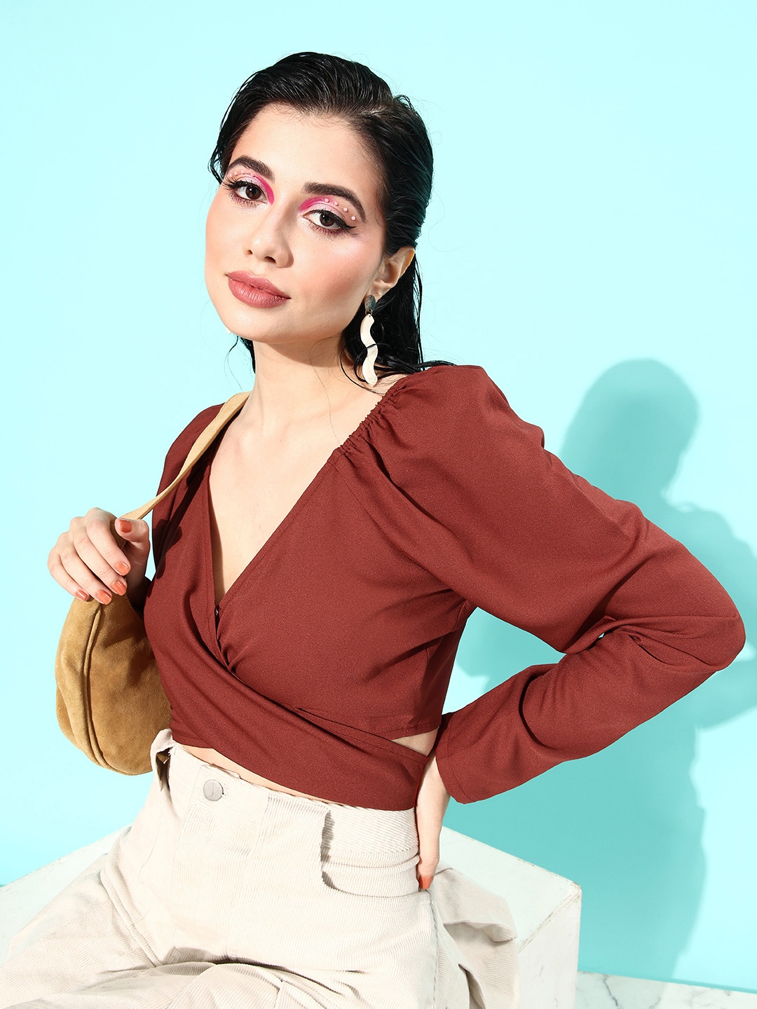 

DressBerry Women Brown Solid Wrap Crop Top