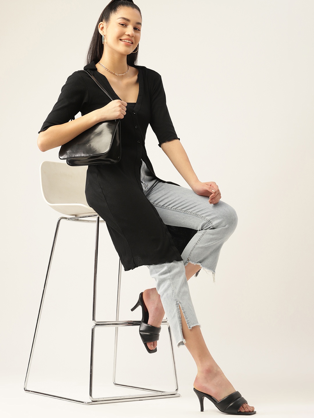 

DressBerry Women Longline Button Shrug, Black