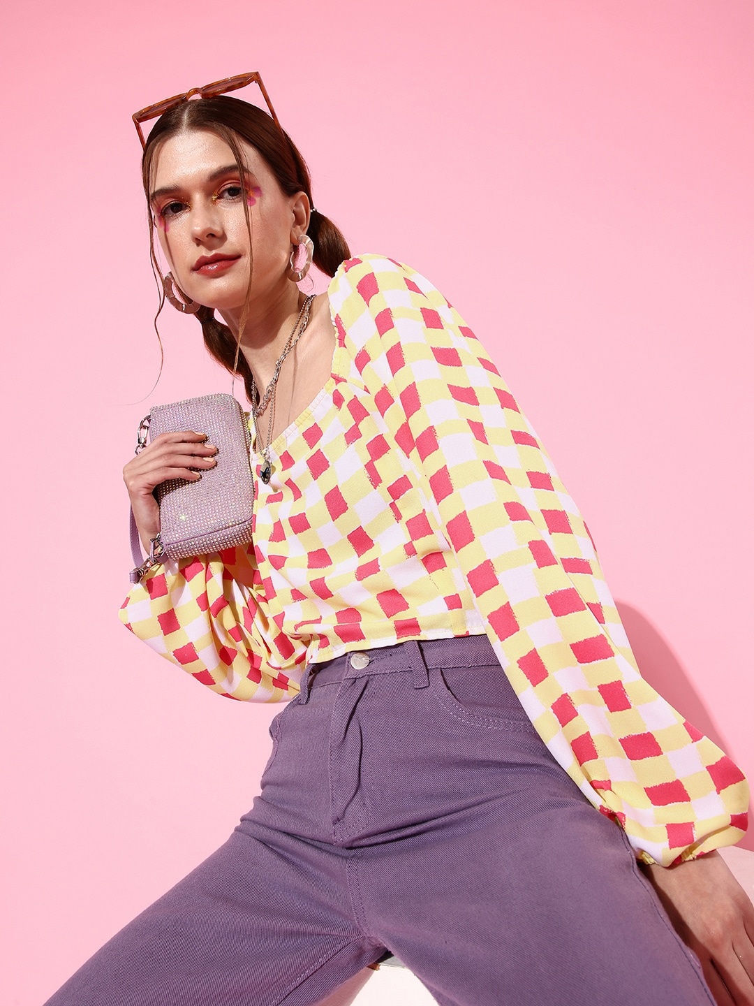 

DressBerry Bright Yellow Checked Volume Play Top