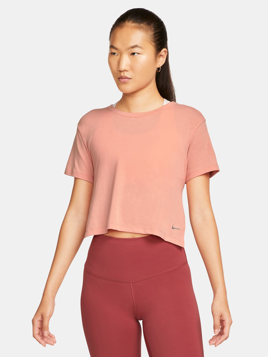 

Nike Women Peach-Coloured Brand Logo Printed Top wide Side Slit, Orange