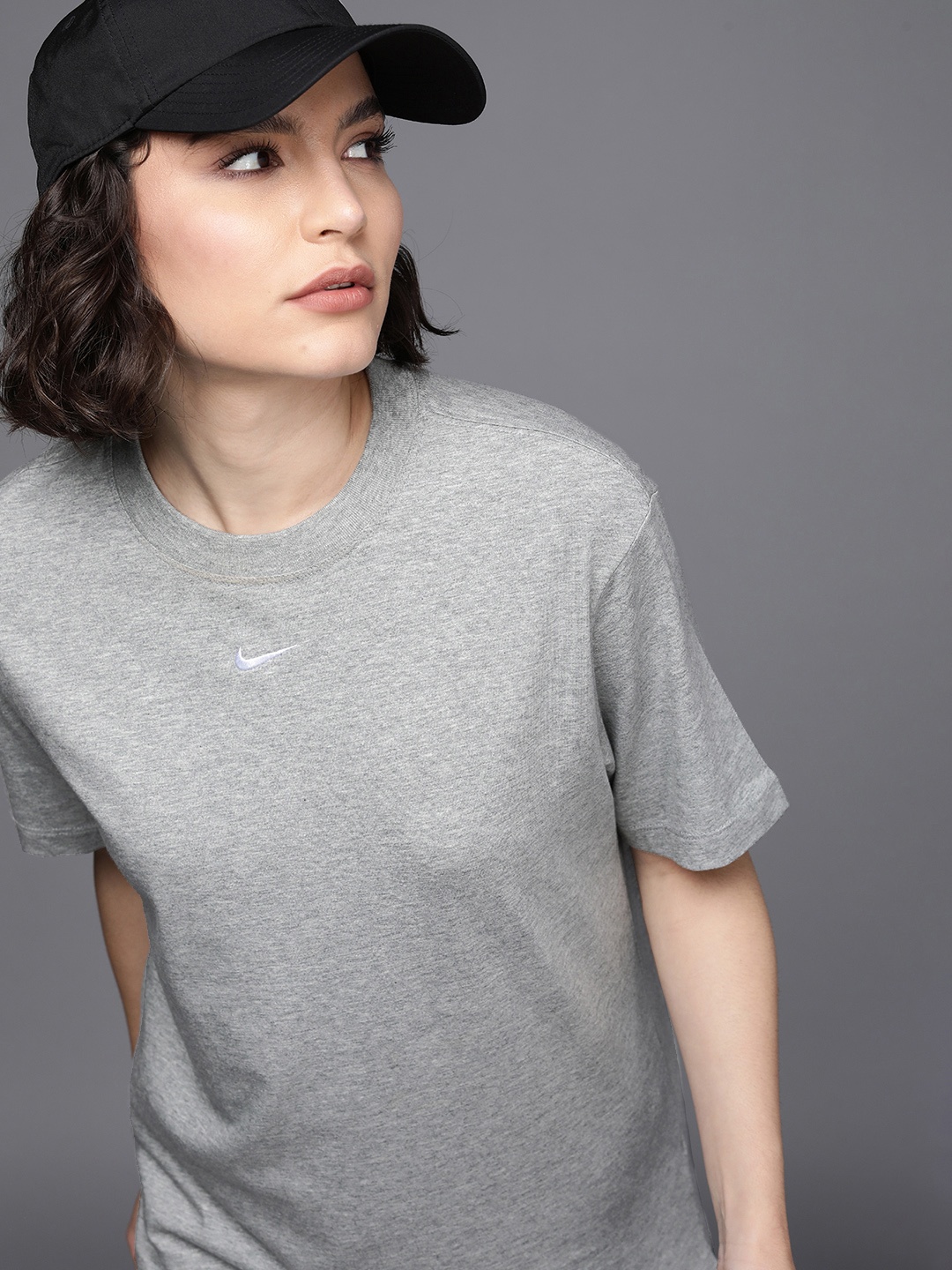 

Nike Women Grey Melange Solid Pure Cotton Loose T-shirt