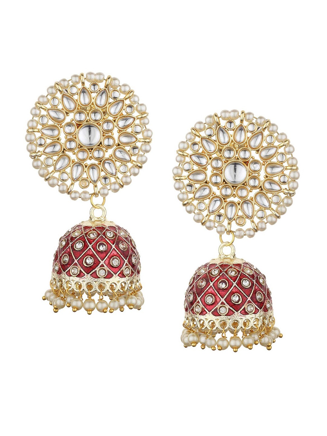 

Runjhun Maroon & Gold-Plated Dome Shaped Kundan Studded Jhumkas
