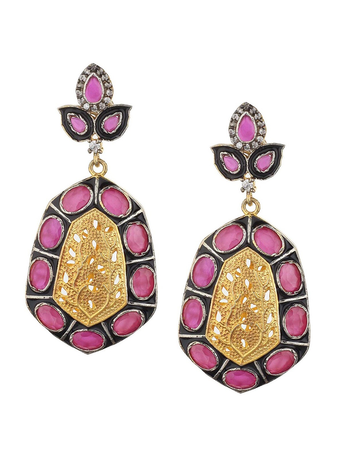 

Runjhun Pink & Gold-Toned Contemporary Drop Earrings