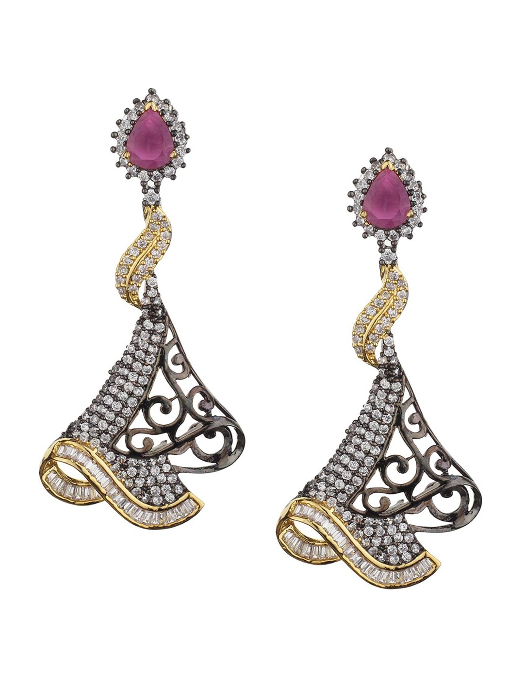 

Runjhun Gold-Plated & Magenta Contemporary Drop Earrings