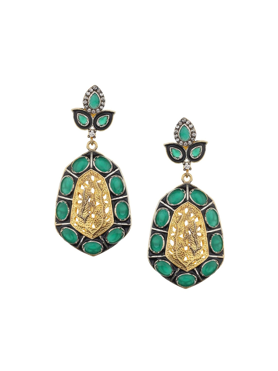 

Runjhun Green Contemporary Gold-Plated Drop Earrings