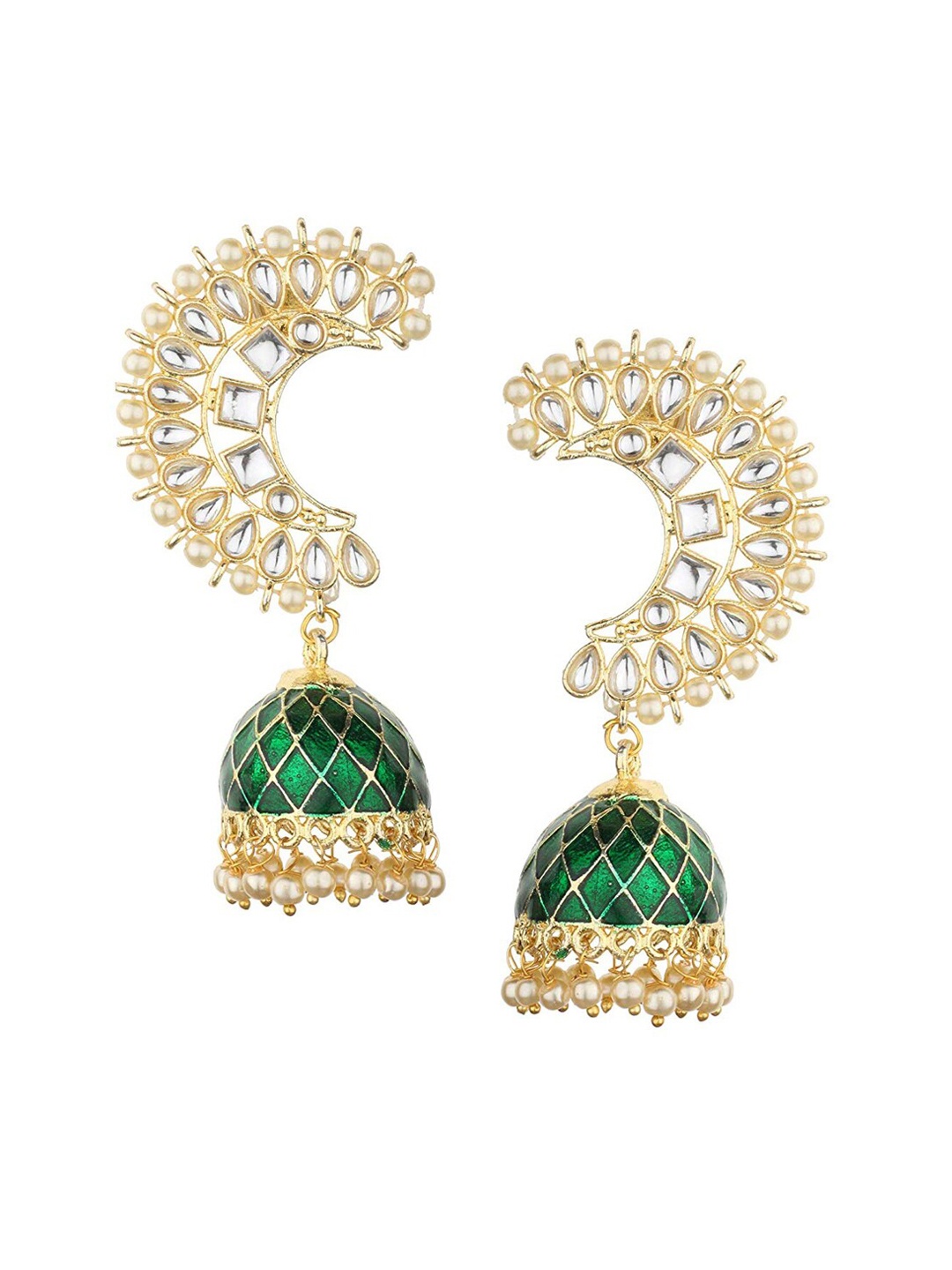 

Runjhun Gold-Plated & Green Dome Shaped Kundan Studded Jhumkas Earrings