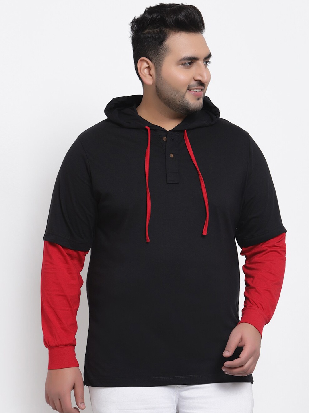 

Kalt Men Black & Red Colourblocked Hooded T-shirt