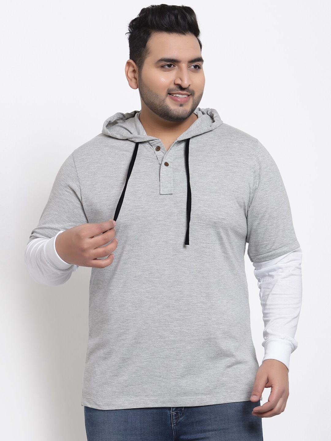 

Kalt Men Grey Melange Colourblocked Hooded Regular Fit T-shirt