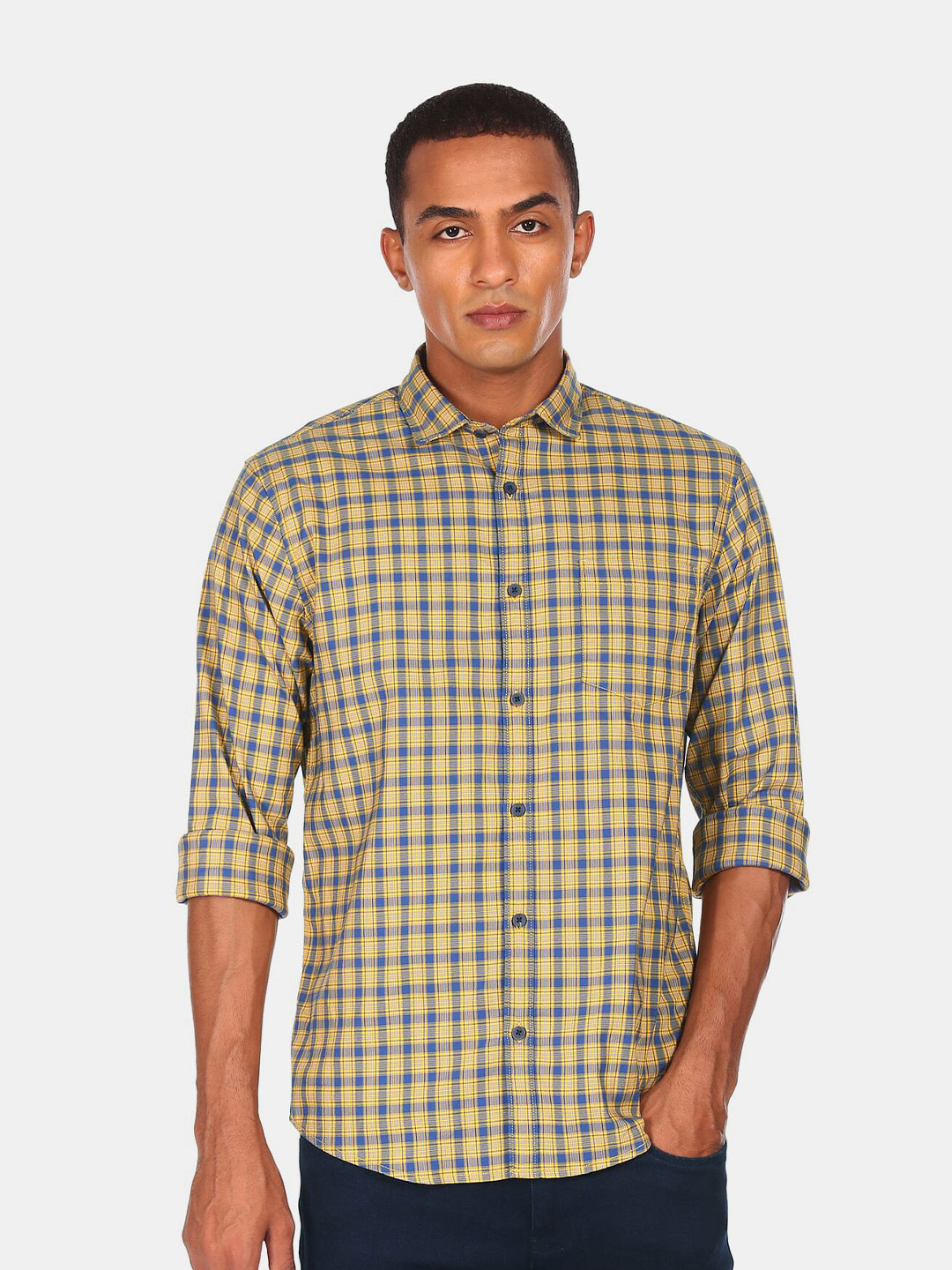 

Ruggers Men Yellow & Navy Blue Checked Casual Shirt