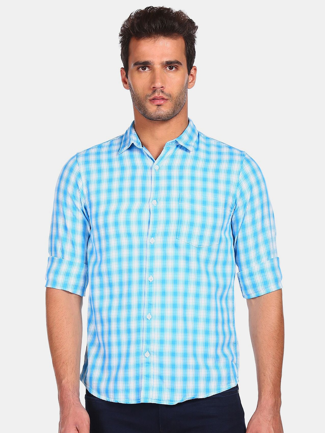 

Ruggers Men Blue Gingham Checks Printed Cotton Winter Casual Shirt