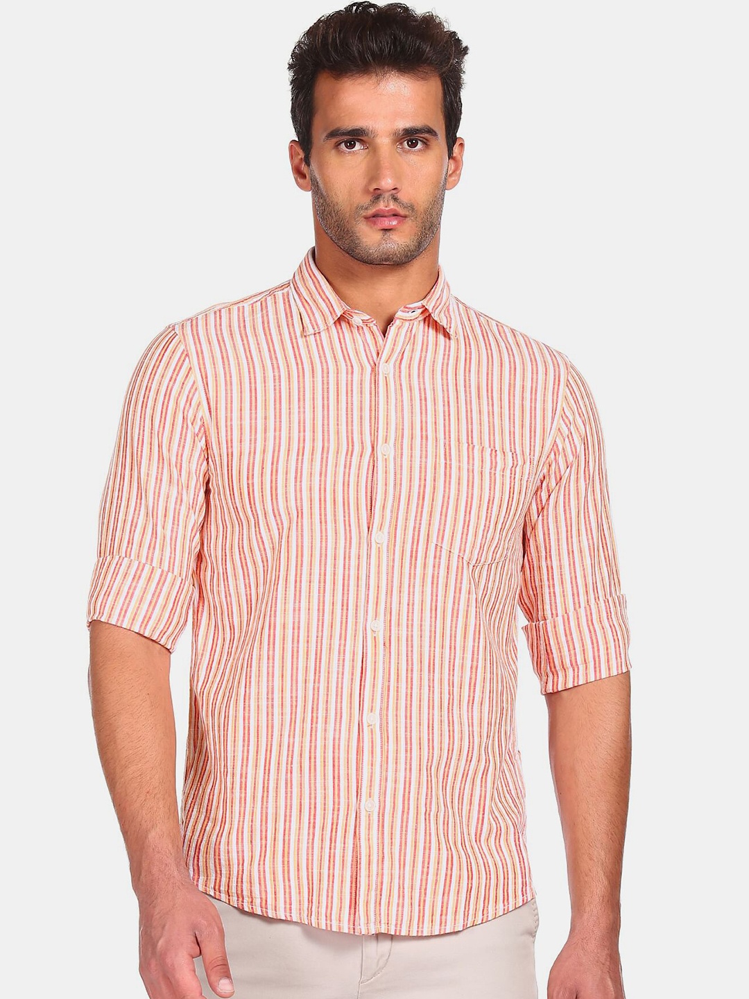 

Ruggers Men Orange Striped Casual Shirt