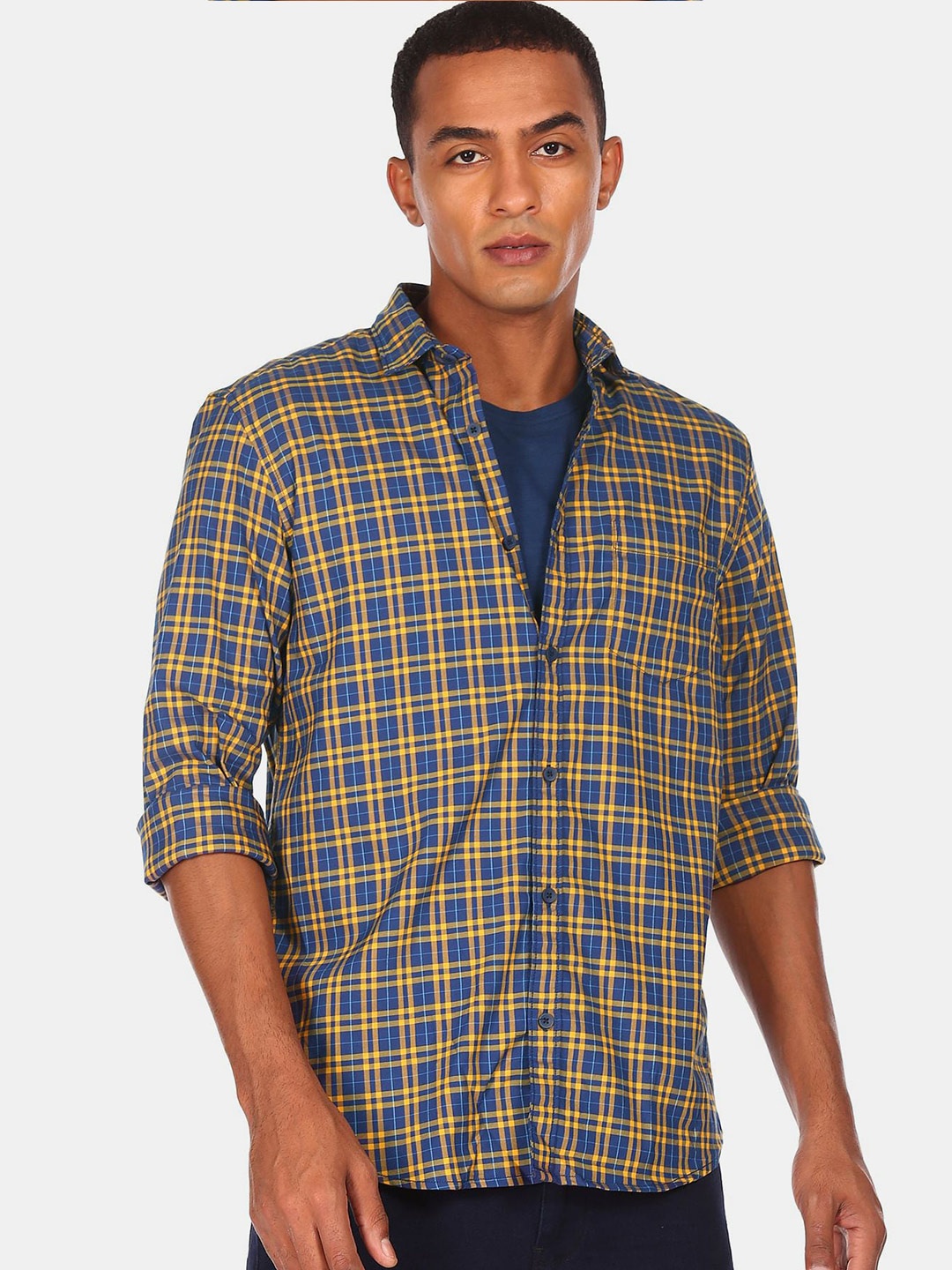 

Ruggers Men Blue Tartan Checks Checked Casual Shirt