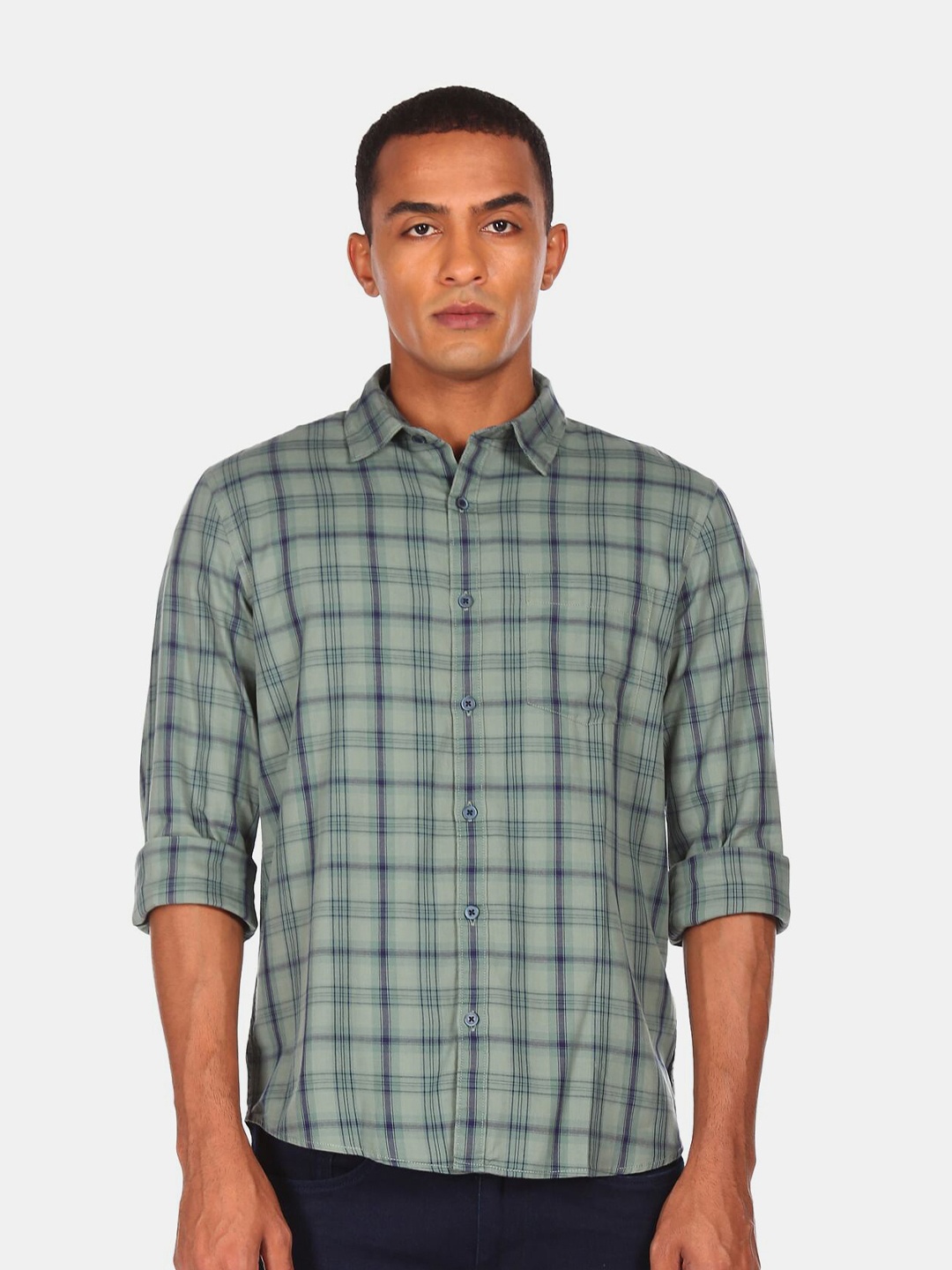 

Ruggers Men Sea Green Regular Fit Tartan Checks Checked Cotton Casual Shirt