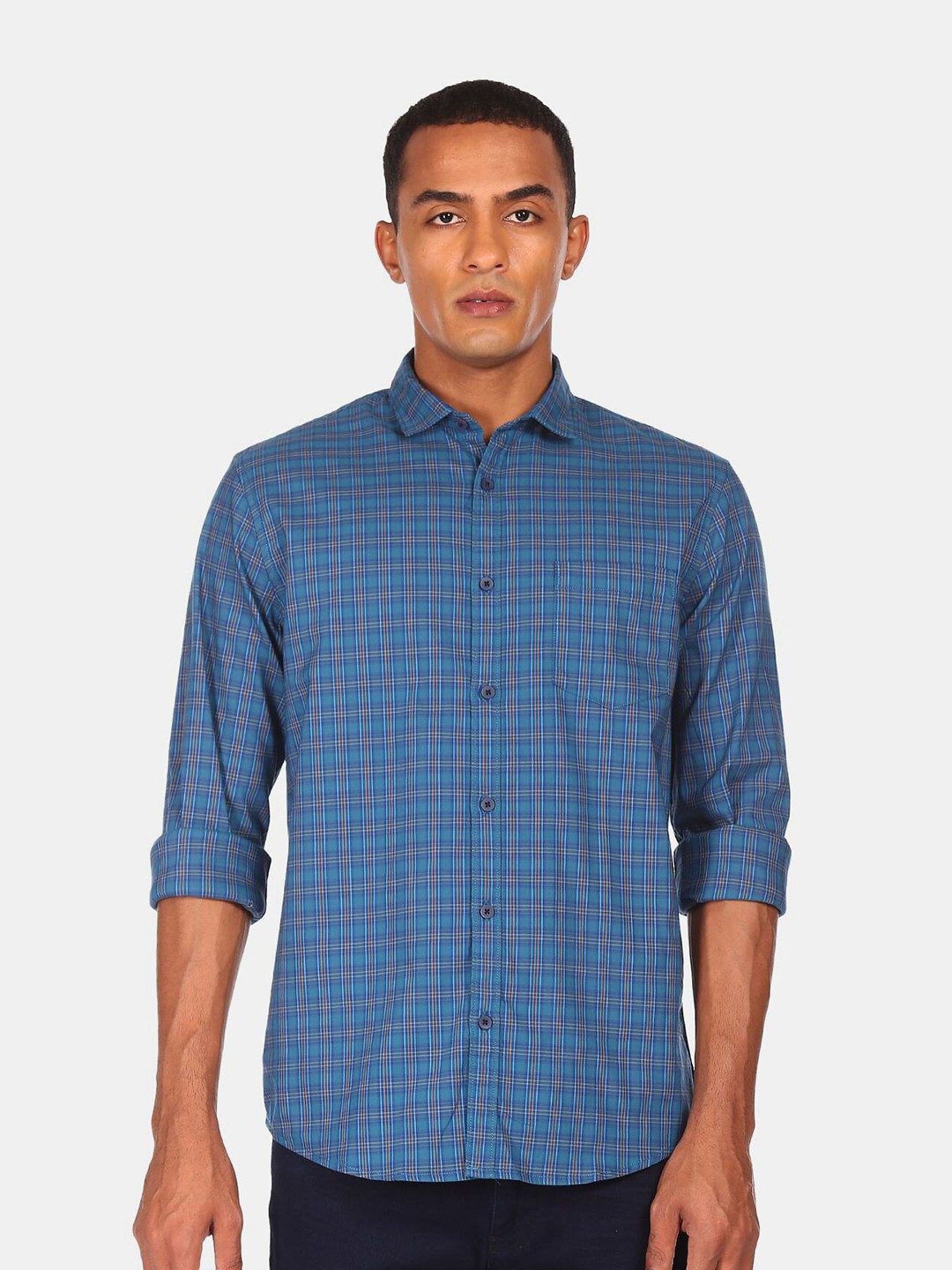 

Ruggers Men Teal Checked Regular Fit Casual Shirt