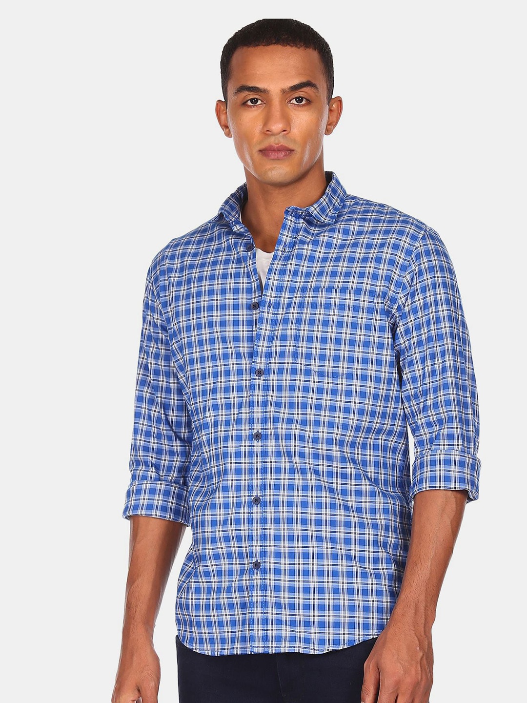 

Ruggers Men Blue Checked Regular Fit Casual Shirt