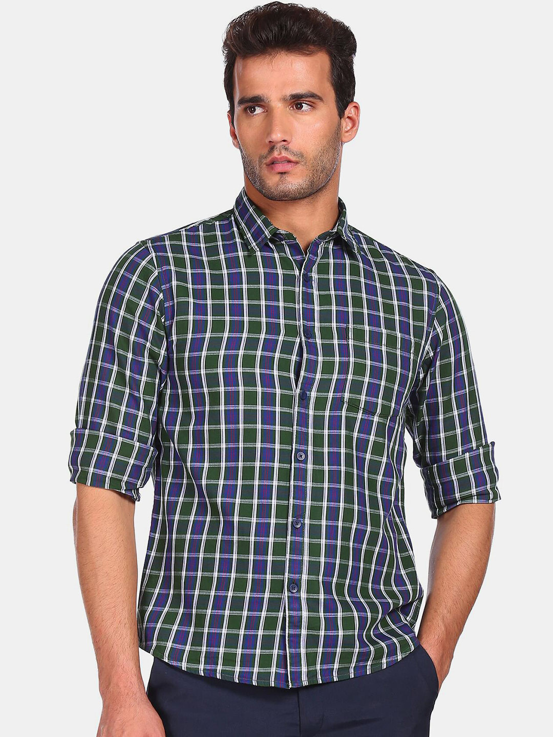 

Ruggers Men Green & Navy Checked Casual Shirt