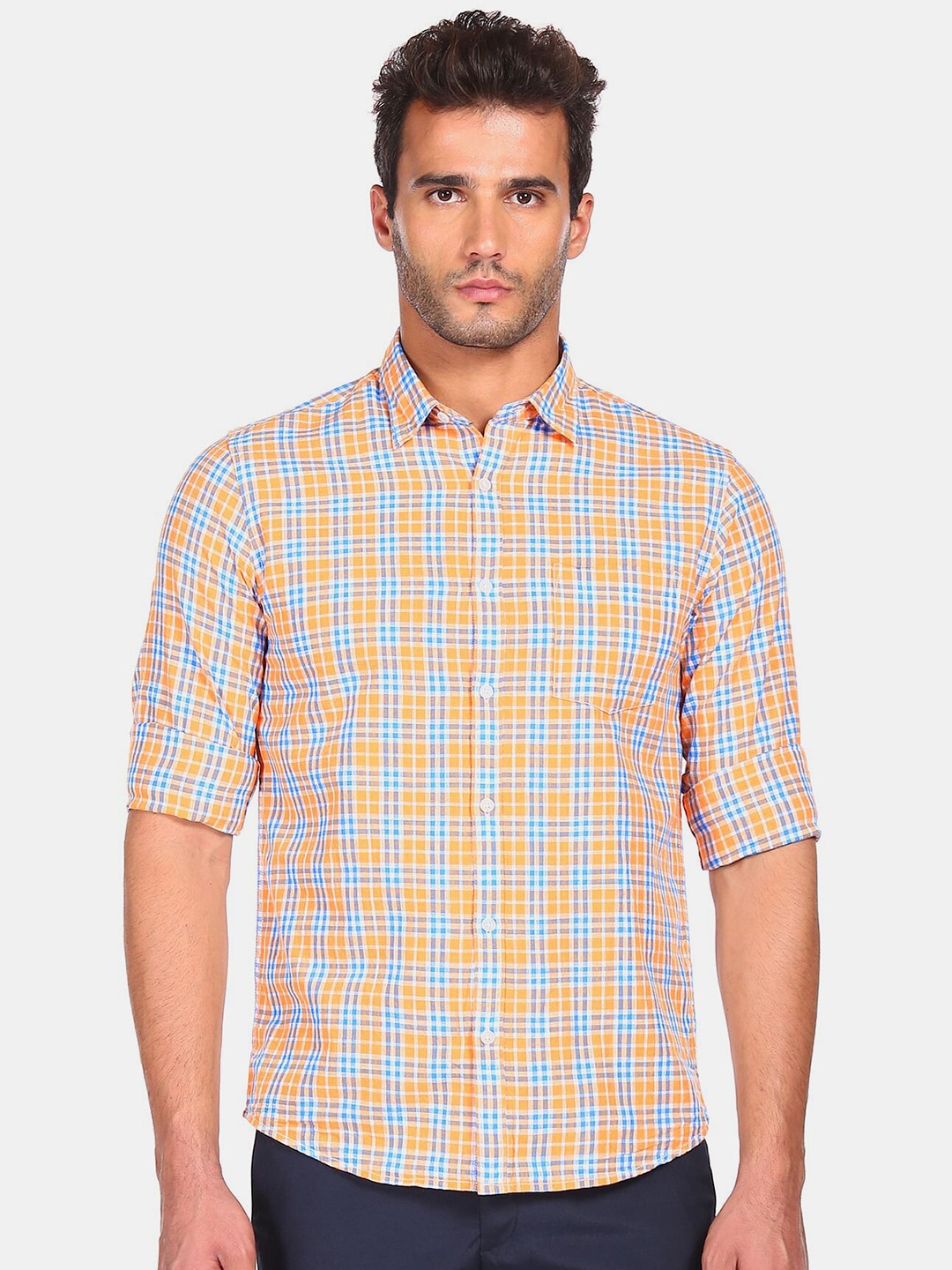 

Ruggers Men Orange Checked Regular Fit Cotton Casual Shirt