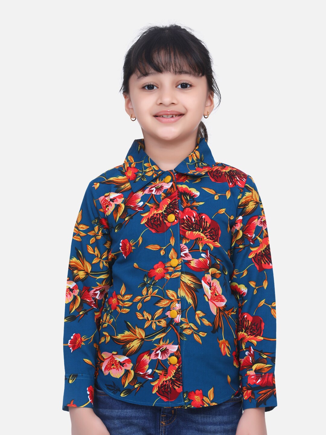 

Cutiekins Girls Teal Floral Printed Crepe Shirt Style Top