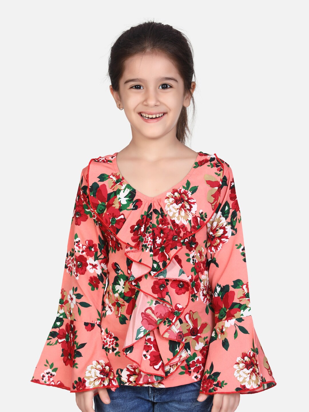 

Cutiekins Red & Pink Floral Print Ruffles Crepe Top