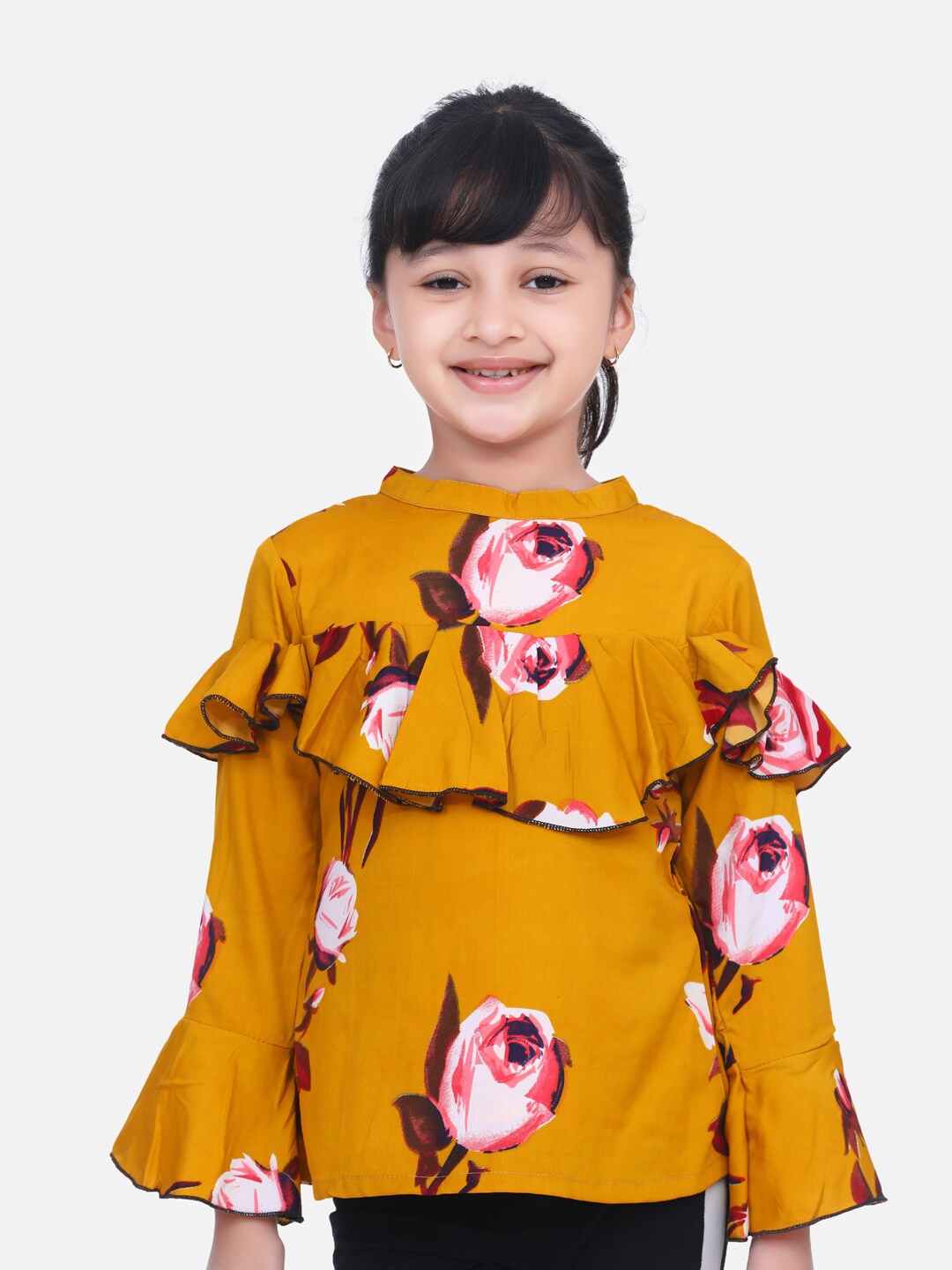 

Cutiekins Girls Mustard Yellow & Pink Floral Print Ruffles Crepe Blouson Top