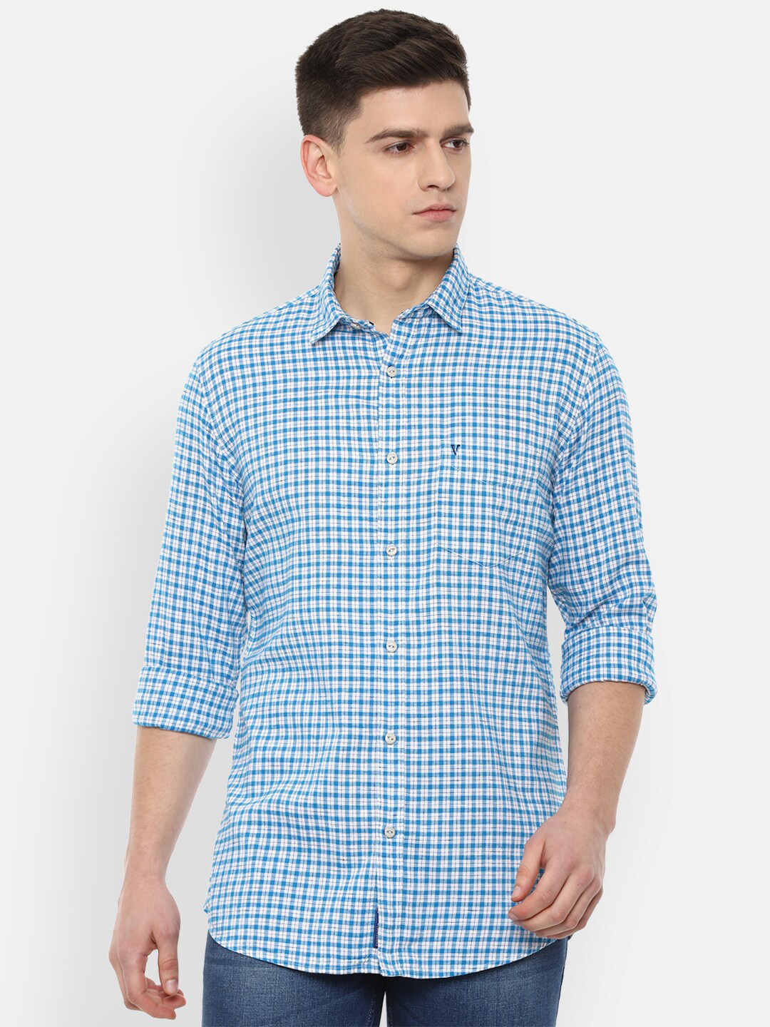

VAN HEUSEN DENIM LABS Men Blue Slim Fit Checked Casual Shirt