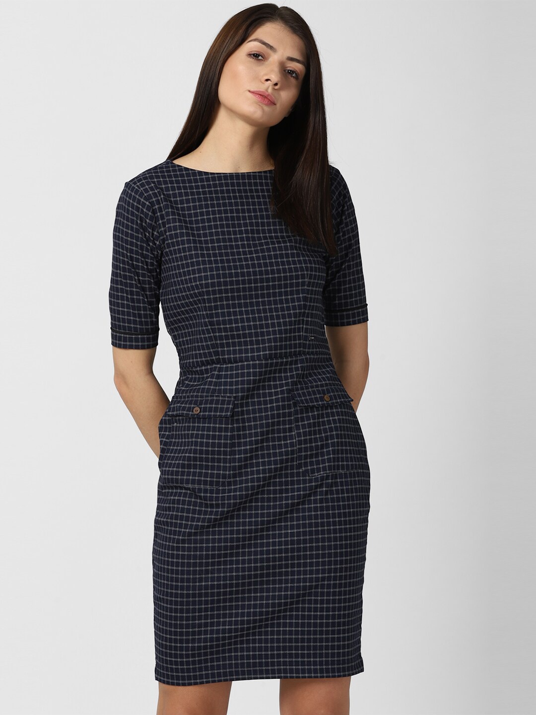 

Van Heusen Woman Navy Blue Checked Sheath Dress