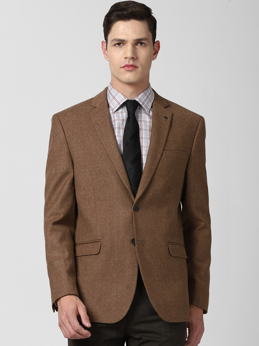 

Van Heusen Men Brown Textured Slim-Fit Pure Wool Single-Breasted Winter Formal Blazer