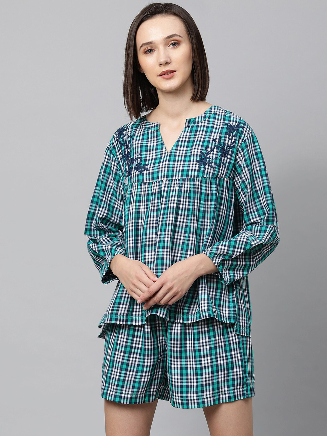 

Chemistry Women Teal & Blue Checks Embroidered Night Suit