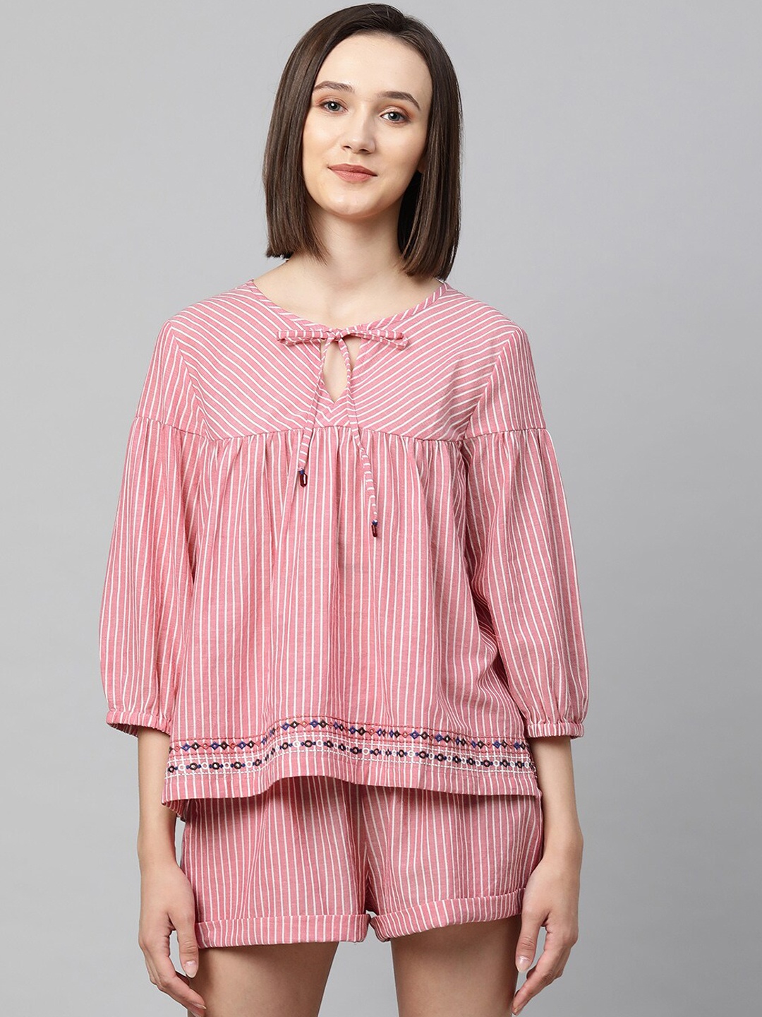 

Chemistry Women Pink Striped Cotton Night Suit