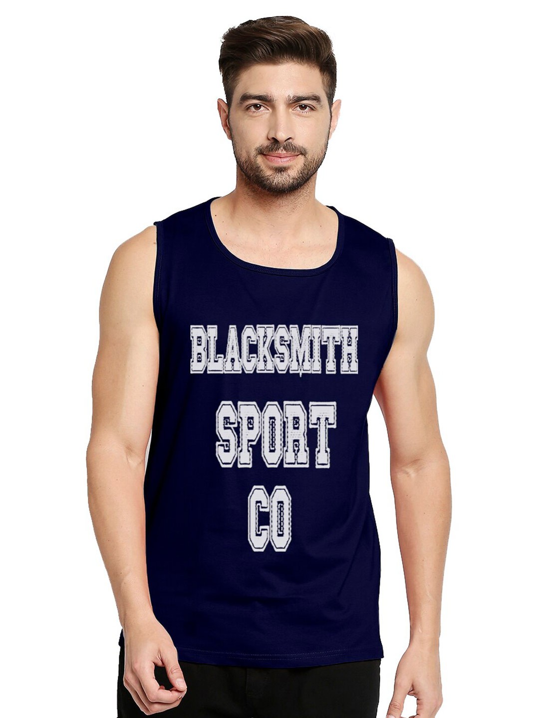

Blacksmith Men Navy Blue & White Printed Round Neck Cotton Training or Gym T-shirt