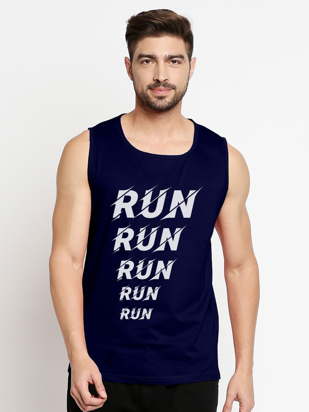 

Blacksmith Men Navy Blue Typography Printed Gym T-shirt