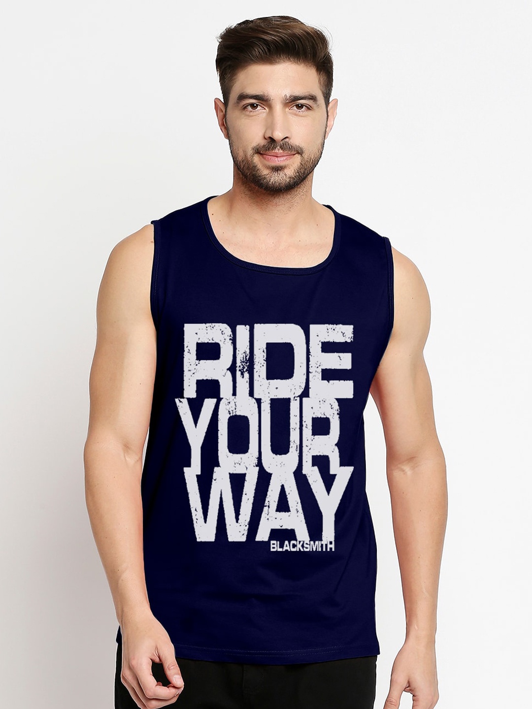 

Blacksmith Men Navy Blue Typography Printed Training or Gym T-shirt