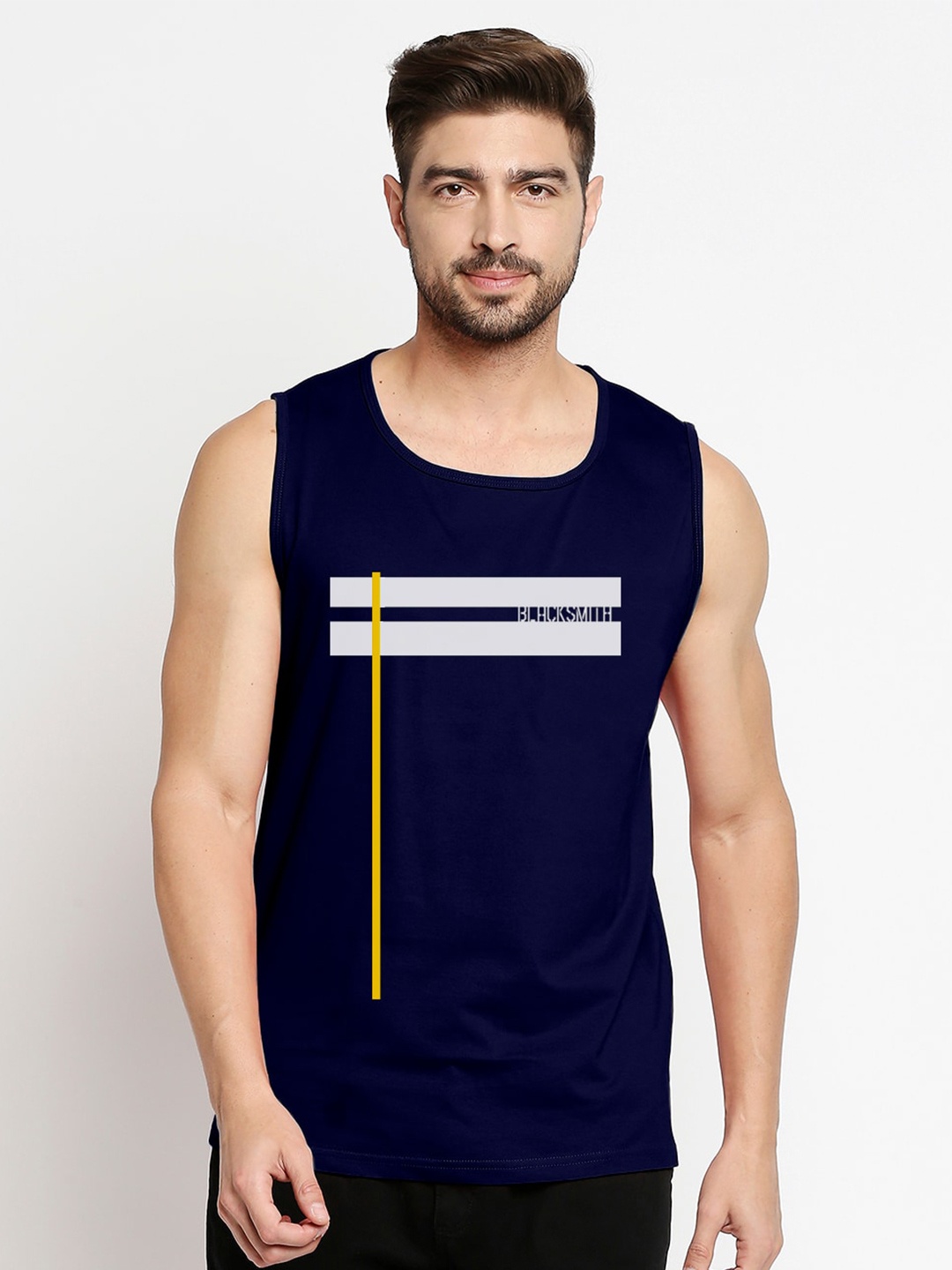 

Blacksmith Men Navy Blue Brand Logo Printed Training or Gym T-shirt