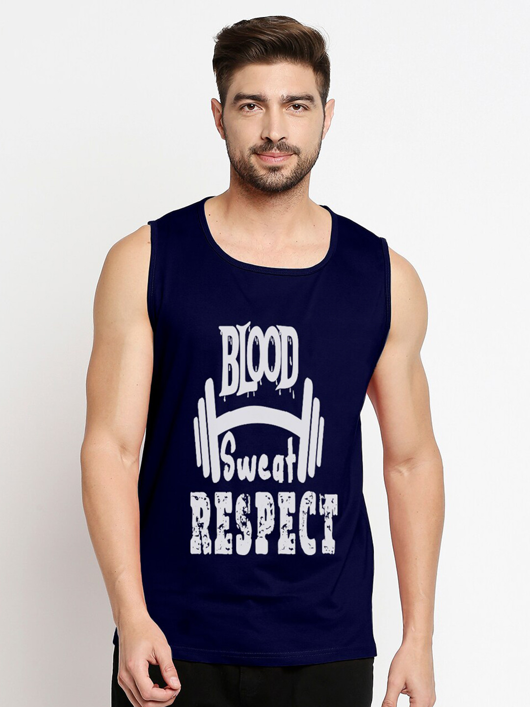 

Blacksmith Men Blue Typography Printed Raw Edge Training or Gym T-shirt