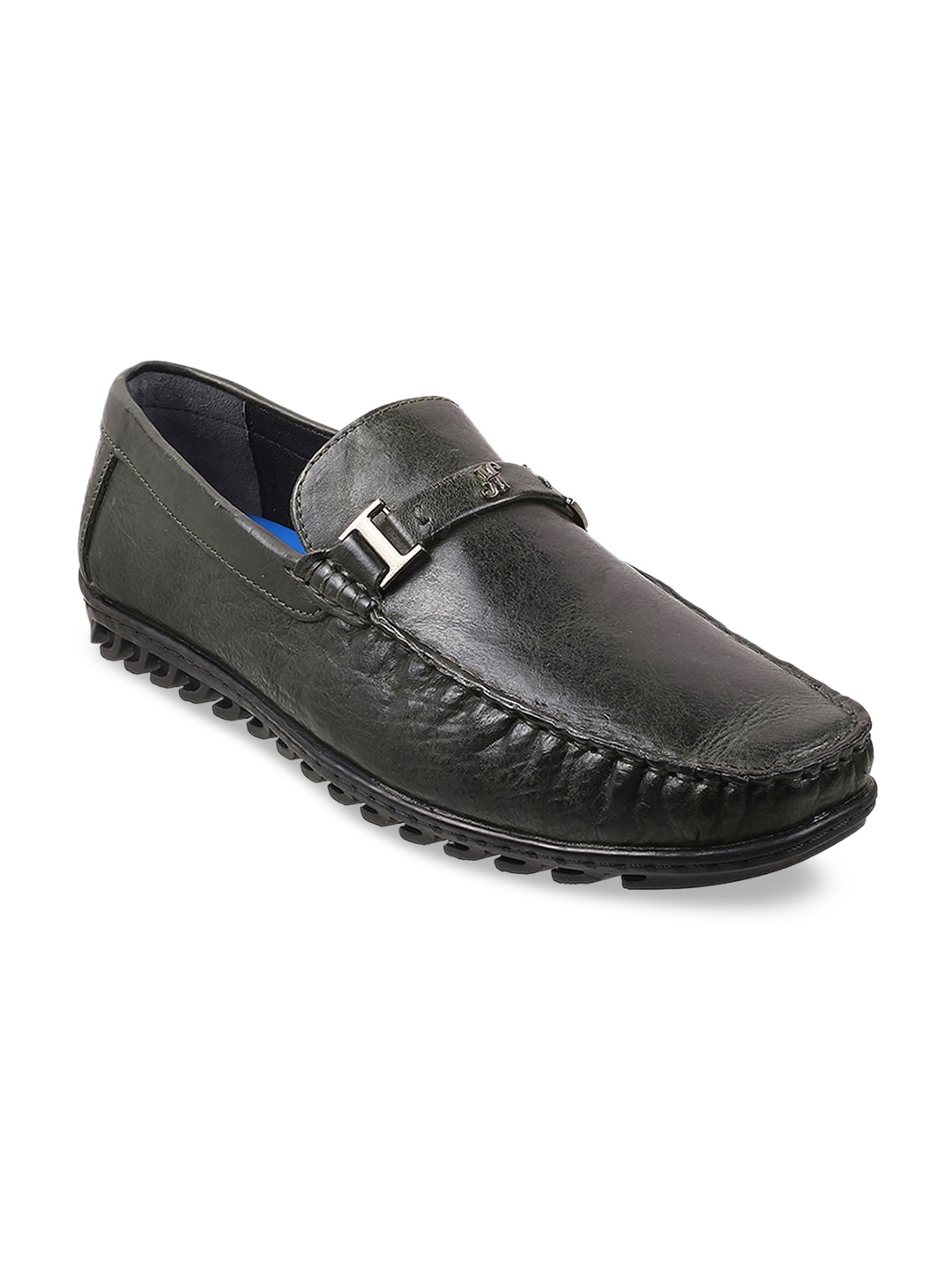 

J FONTINI Men Olive Green Solid Leather Loafers