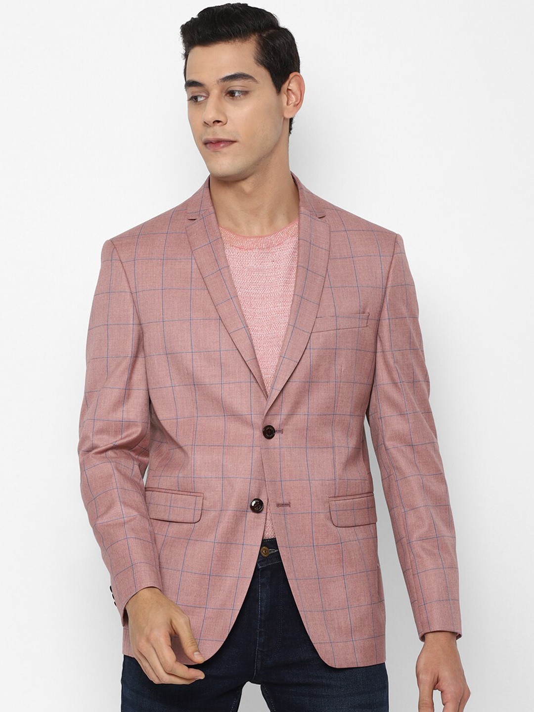 

Allen Solly Men Pink & Blue Checked Slim-Fit Pure Single-Breasted Causal Blazer