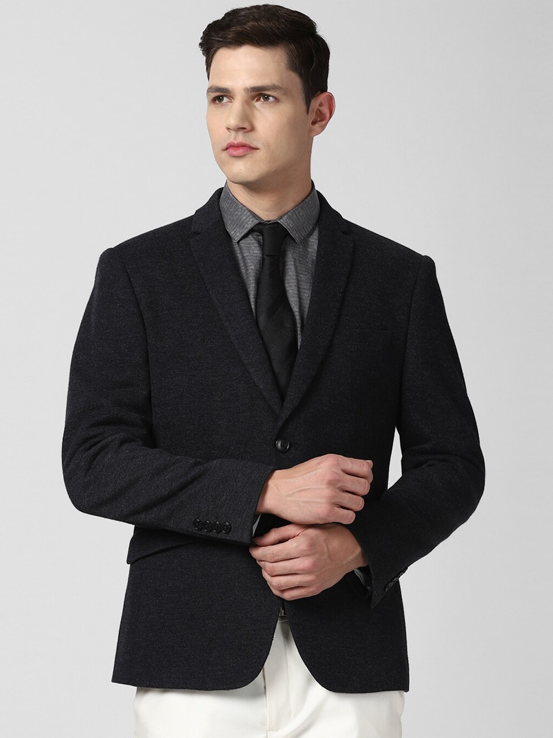 

V Dot Men Black Self-Design Slim-Fit Single-Breasted Formal Blazer