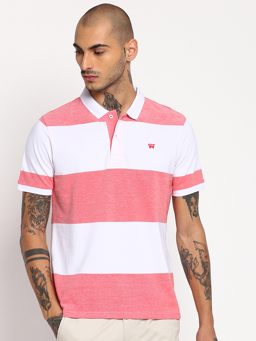 

Wrangler Men White & Coral Striped Polo Collar Cotton T-shirt