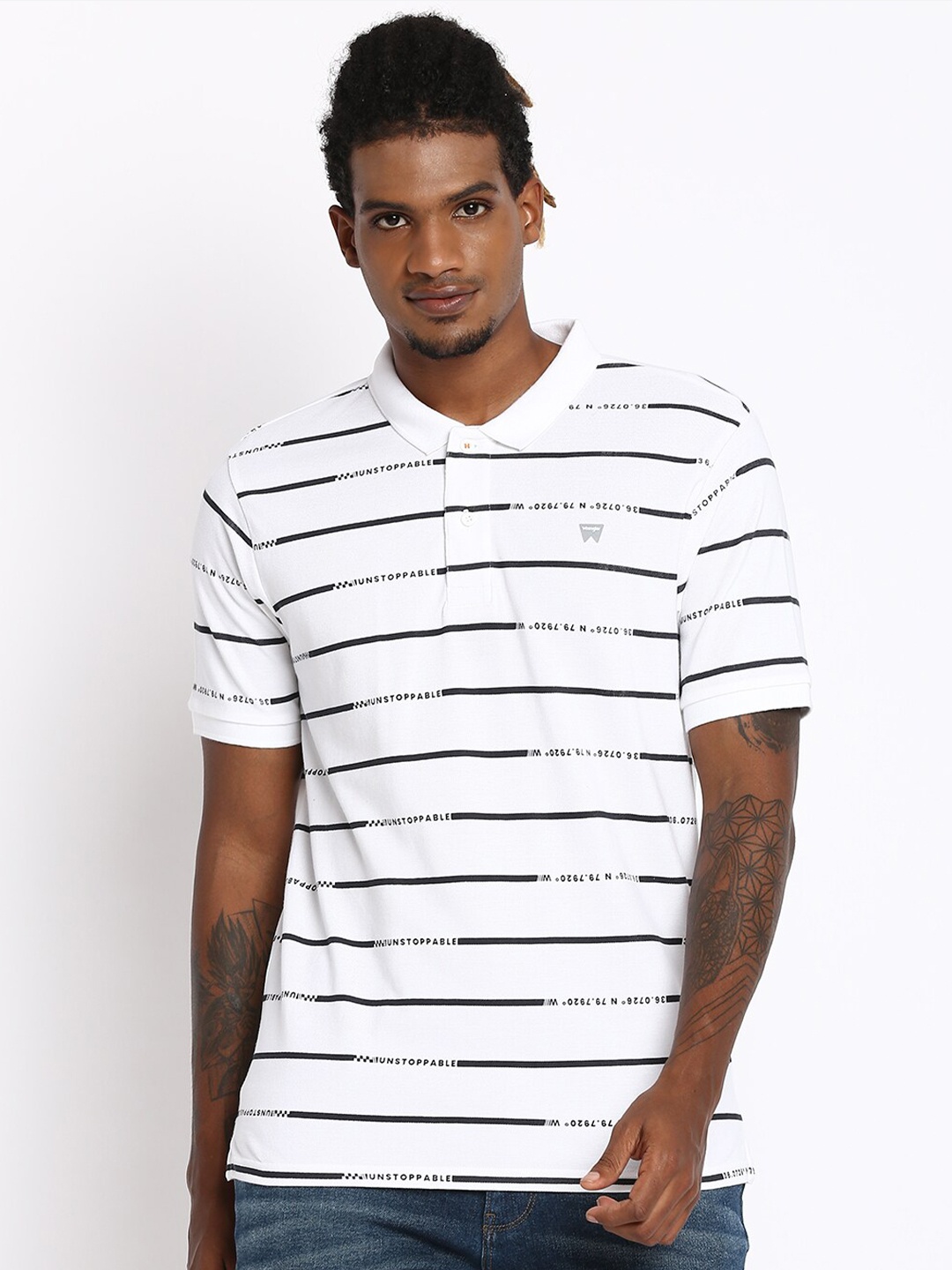 

Wrangler Men White Striped Regular Fit Polo Collar T-shirt