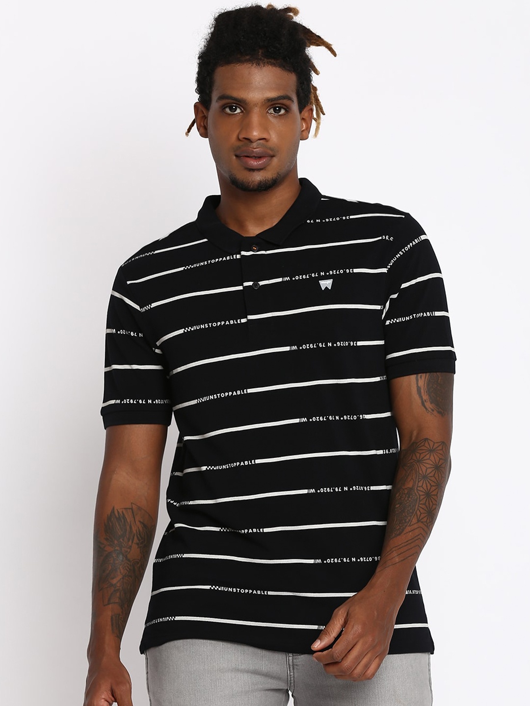 

Wrangler Men Black & White Striped Polo Collar T-shirt