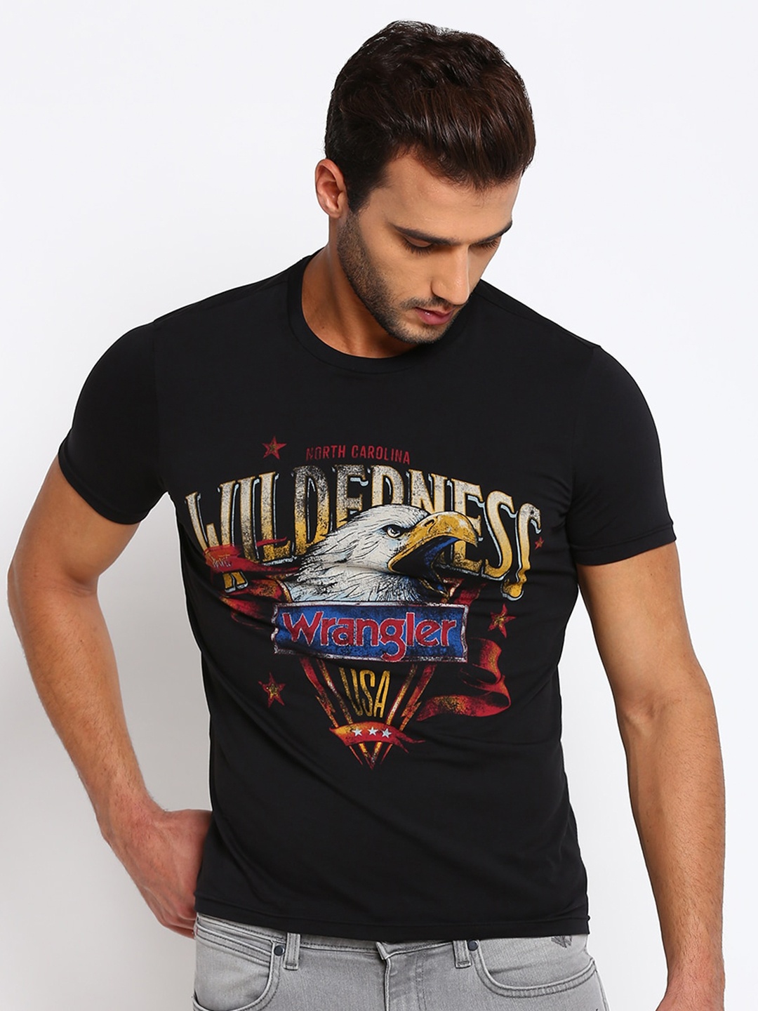 

Wrangler Men Black Printed Raw Edge T-shirt