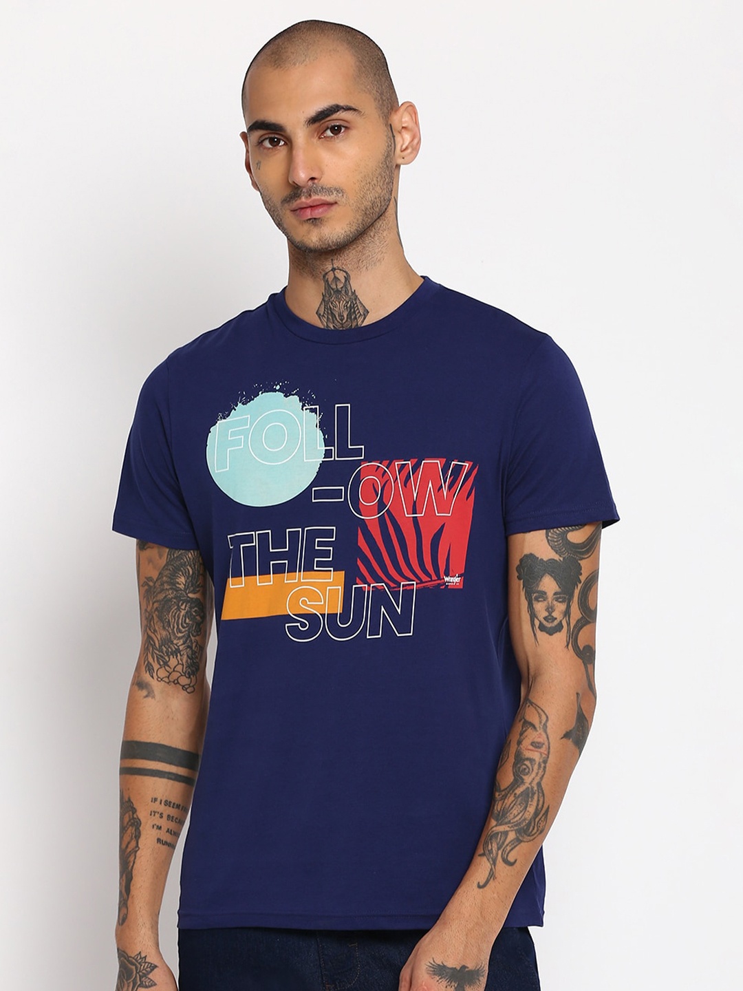 

Wrangler Men Navy Blue Printed Raw Edge T-shirt