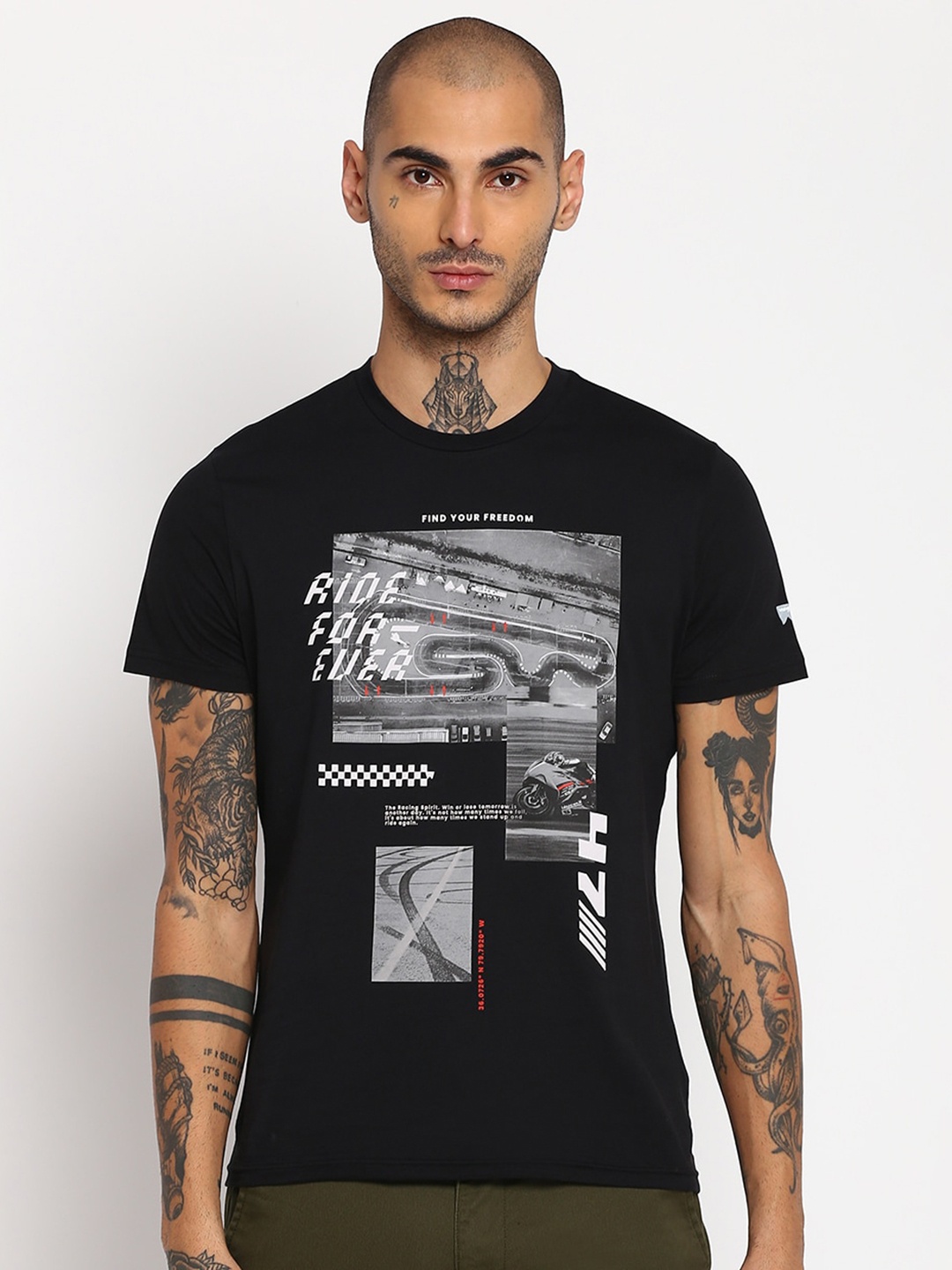 Wrangler Men Black Typography Printed Applique T-shirt
