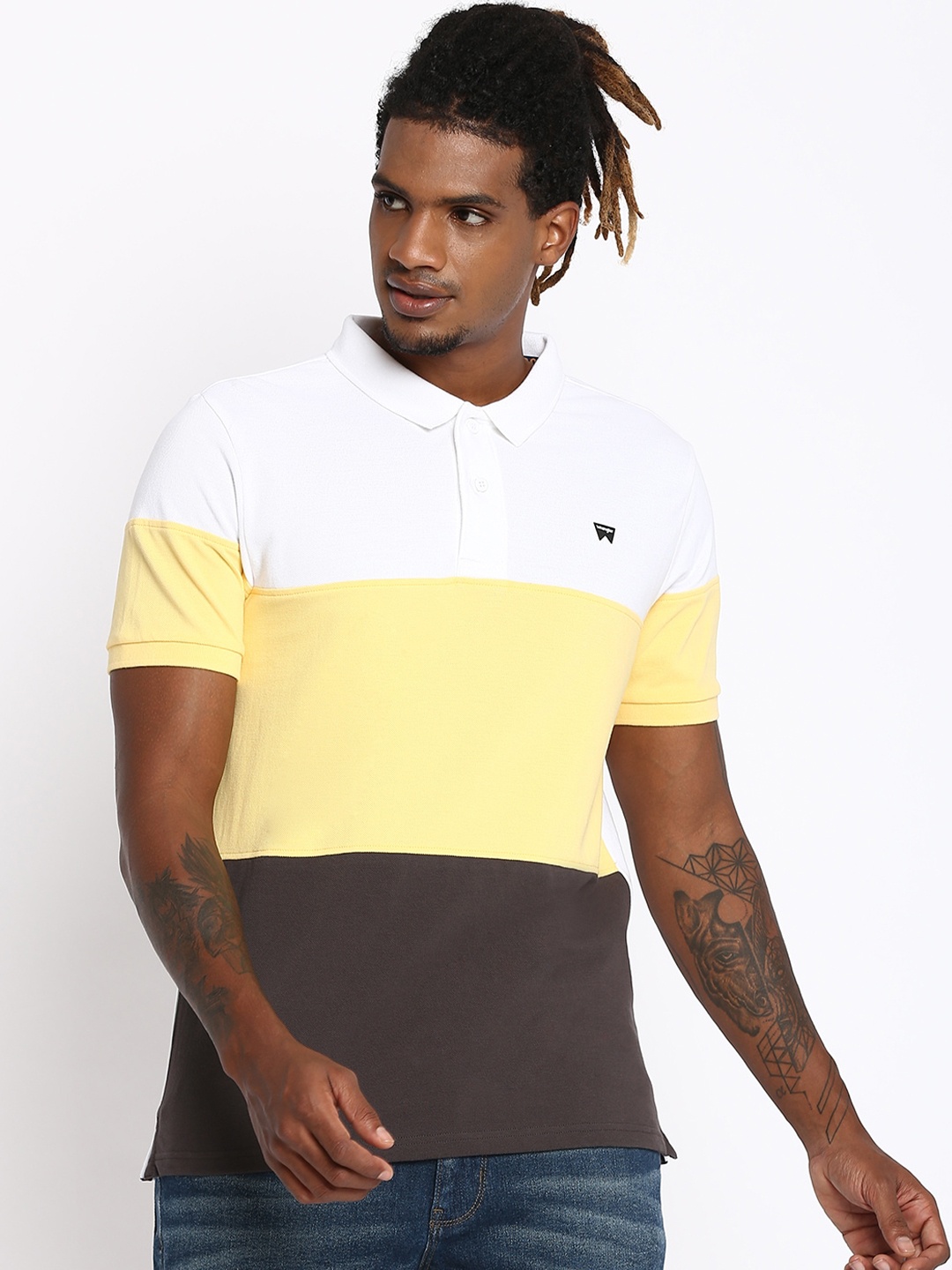 

Wrangler Men White & Yellow Colourblocked Regular Fit Polo Collar T-shirt