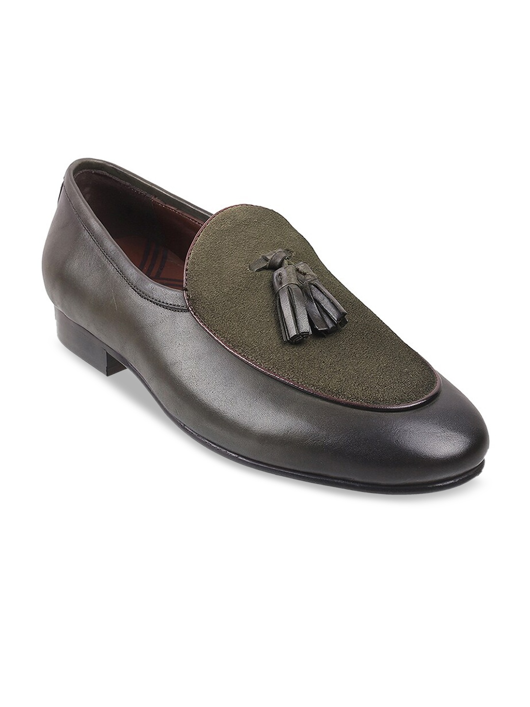 

DAVINCHI Men Olive Green Solid Leather Formal Slip-On Shoes With Tassels