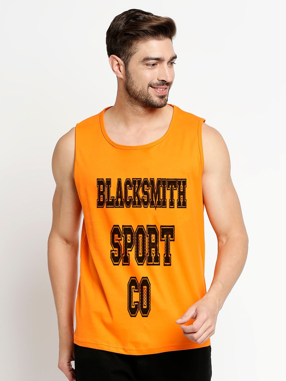 

Blacksmith Men Orange Typography Printed Cotton Training or Gym T-shirt