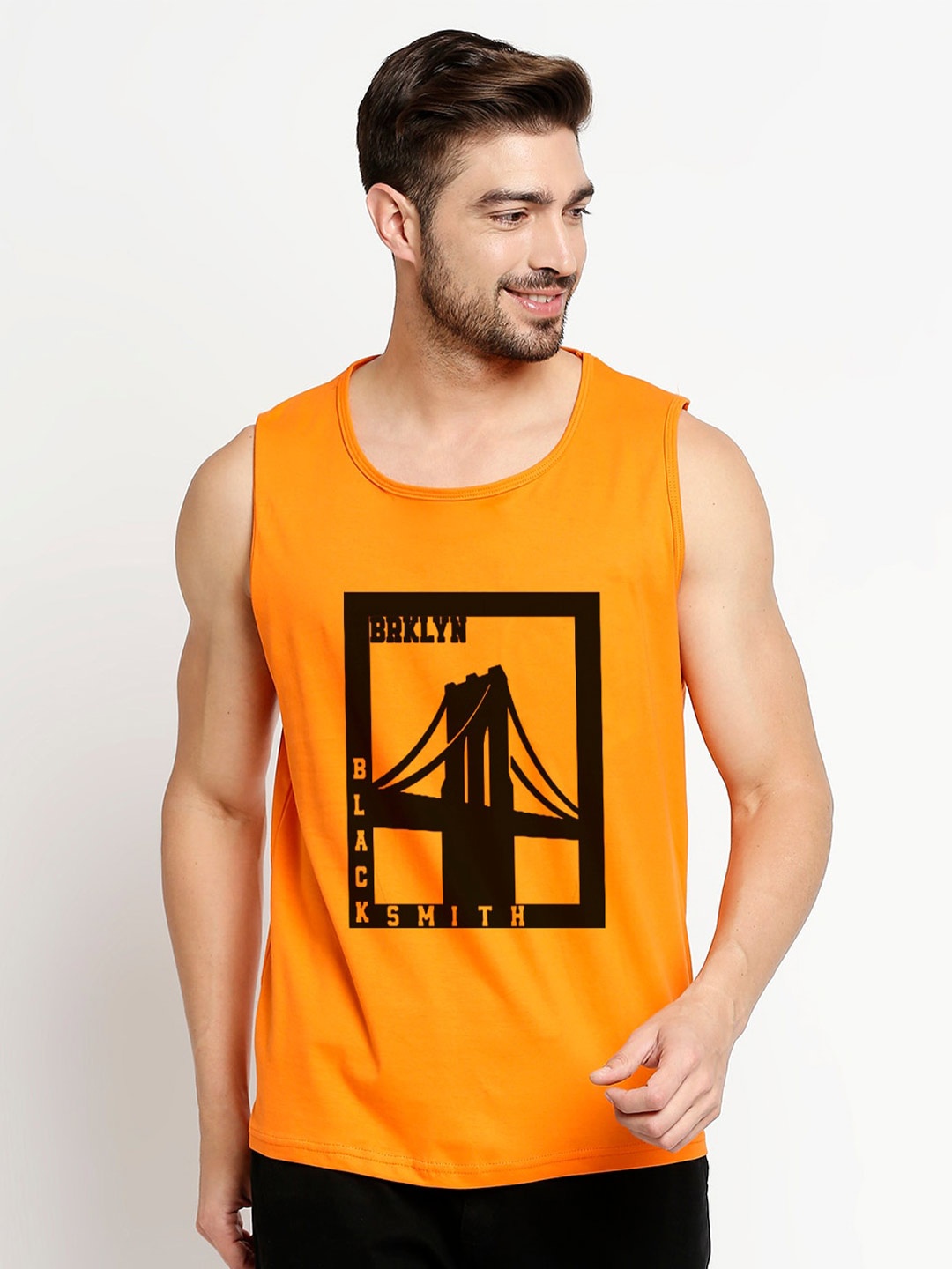 

Blacksmith Men Orange & Black Printed Pure Cotton Training or Gym T-shirt