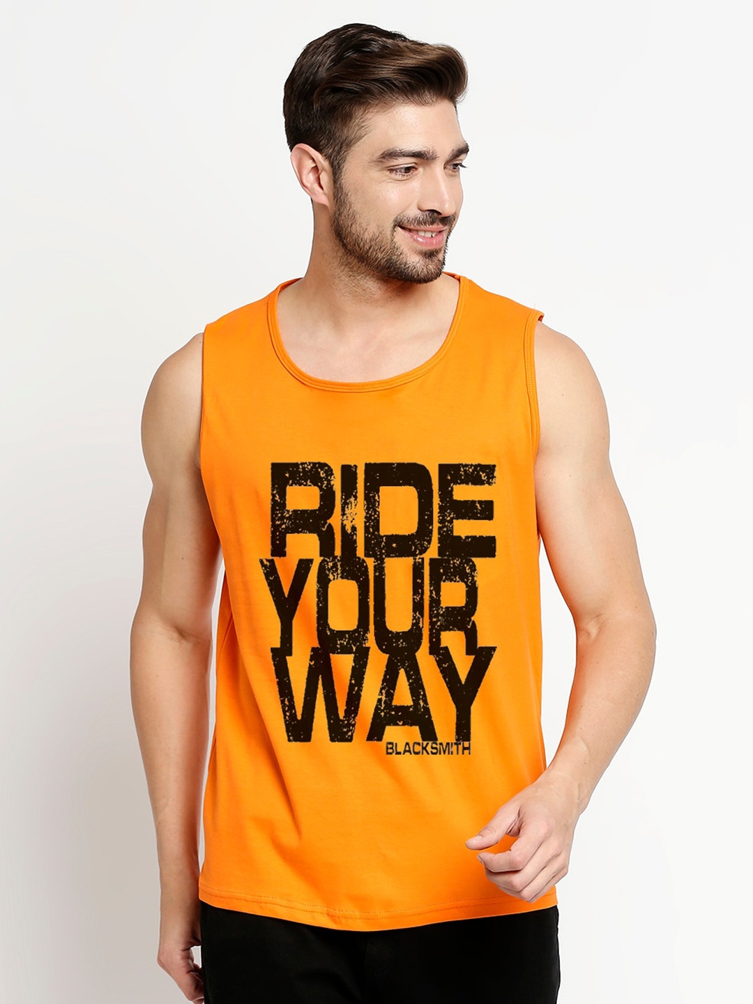 

Blacksmith Men Orange Typography Printed Pockets Training or Gym T-shirt