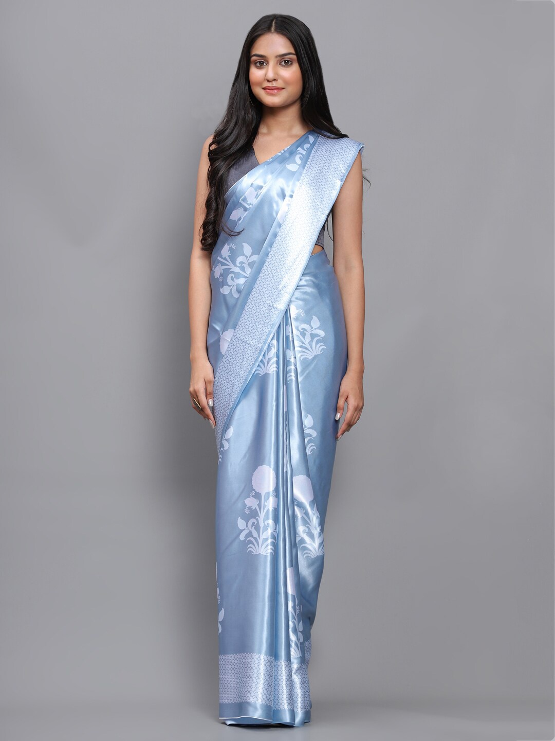

awesome Blue & Silver-Toned Floral Satin Block Print Saree
